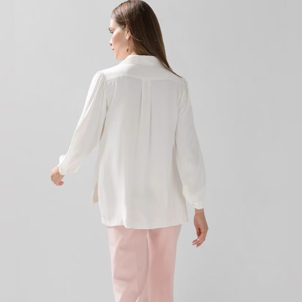 Old Money Long sleeve pocket soft shirt Chiffon button down ecru minimalist - Picture 3 of 11